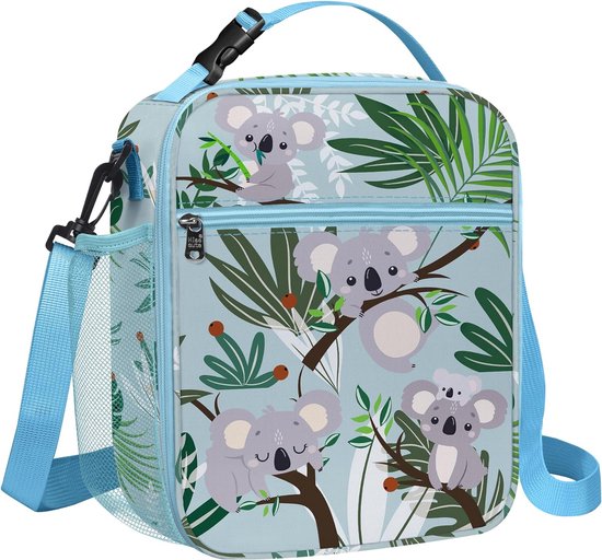 Kleine geïsoleerde lunchtas voor kinderen, meisjes en jongens, grote draagbare lunchtas voor picknick, scholen, lichte koeltas met flessenhouder, lekvrij, tasriem, groene koala's van Klein