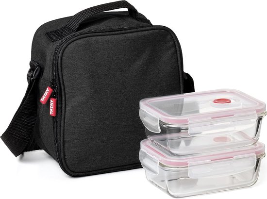 Kleine Koeltas, 3,5 L capaciteit, met 2 voedselcontainers van 0,57 L gemaakt van glas, zwart, 22 x 12 x 21,5 cm. van Klein