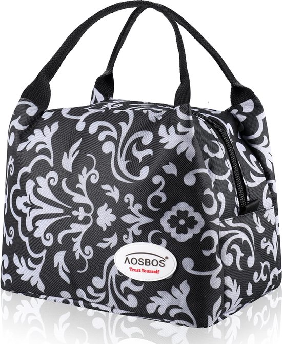 Kleine koeltas voor onderweg, lunchtas, opvouwbare lunchtas, koeltas, lunchtas, picknicktas, mini-koelbox, lunchtas, isolatietas, maalvoorbereiding, ritssluiting, 8,5 l, bloemen, zwart van Klein