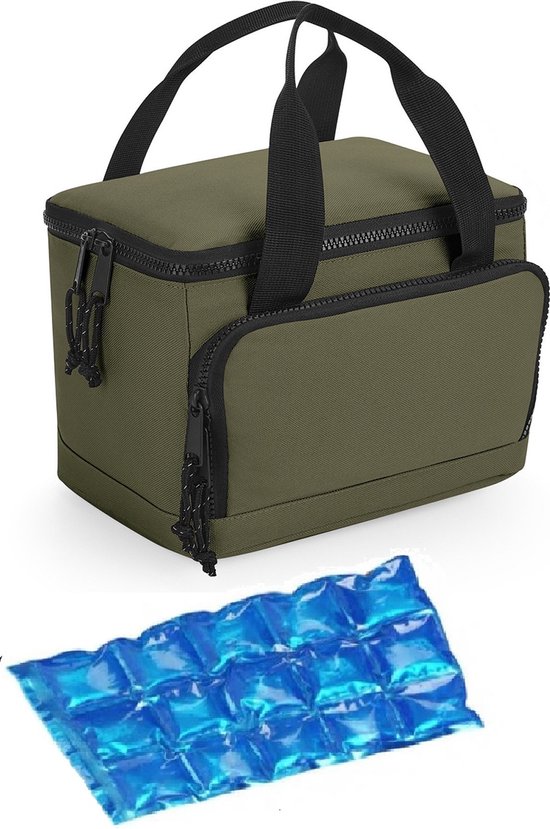 Kleine koeltas/lunch tas - incl. koelelement - 24 x 17 x 17 cm - 2 vakken - military groen van Klein