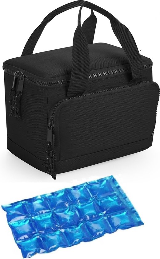 Kleine koeltas/lunch tas - incl. koelelement - 24 x 17 x 17 cm - 2 vakken - zwart van Merkloos