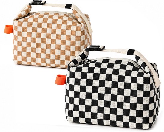 Kleine Lunchtas - 2 stuks - Thermal Bag - Koeltas - lunchtas dames corduroy - Opvouwbare Lunchtas - verstelbare handgreep - voor picknick, School, Lunch - 24x14x22cm - bruin em zwart