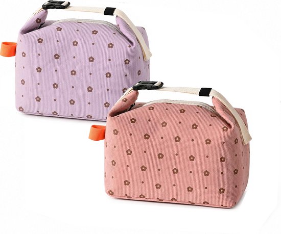 Kleine Lunchtas - 2 stuks - Thermal Bag - Koeltas - lunchtas dames corduroy - Opvouwbare Lunchtas - verstelbare handgreep - voor picknick, School, Lunch - 24x14x22cm - paars en roze