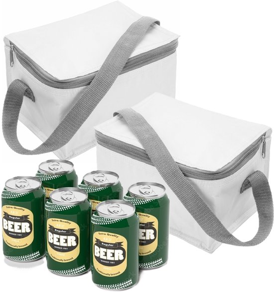 Kleine mini koeltass voor lunch of sixpack blikjes - 2x - wit - 21 x 15 x 13 cm - draagriem - 3.7 liter inhoud