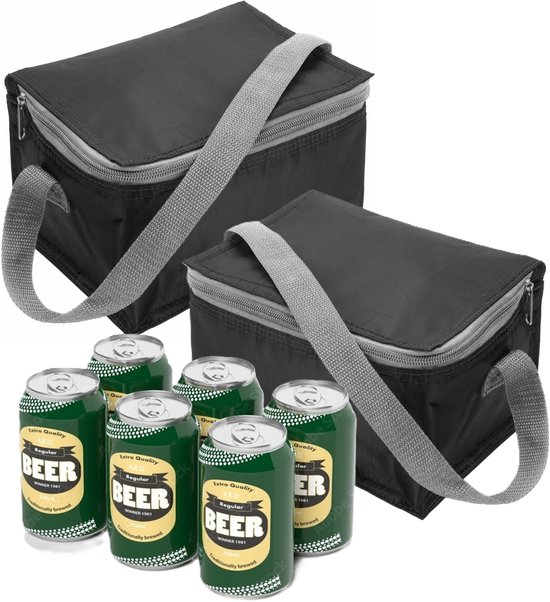 Kleine mini koeltass voor lunch of sixpack blikjes - 2x - zwart - 21 x 15 x 13 cm - draagriem - 3.7 liter inhoud van Lifetools