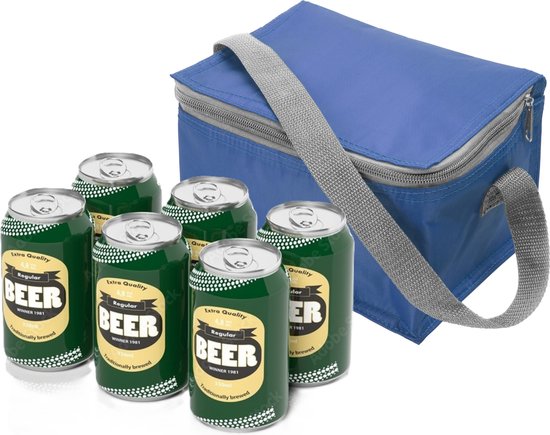 Kleine mini koeltass voor lunch of sixpack blikjes - blauw - 21 x 15 x 13 cm - draagriem - 3.7 liter inhoud van Klein