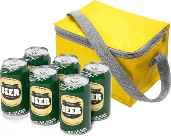 Kleine mini koeltass voor lunch of sixpack blikjes - geel - 21 x 15 x 13 cm - draagriem - 3.7 liter inhoud van Klein
