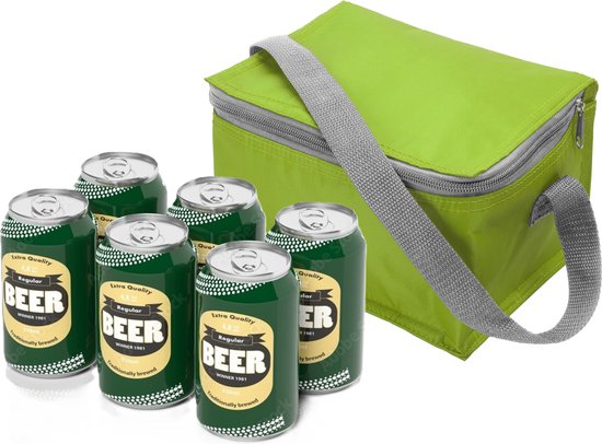 Kleine mini koeltass voor lunch of sixpack blikjes - groen - 21 x 15 x 13 cm - draagriem - 3.7 liter inhoud van Klein