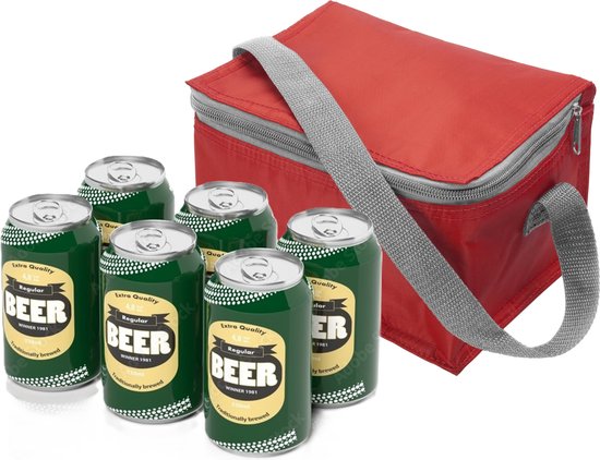 Kleine mini koeltass voor lunch of sixpack blikjes - rood - 21 x 15 x 13 cm - draagriem - 3.7 liter inhoud van Klein