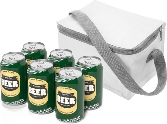 Kleine mini koeltass voor lunch of sixpack blikjes - wit - 21 x 15 x 13 cm - draagriem - 3.7 liter inhoud van Klein