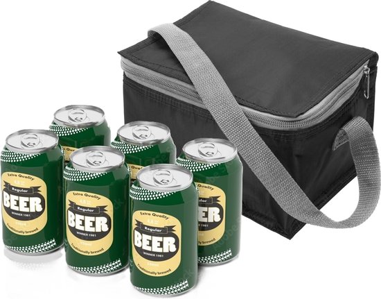 Kleine mini koeltass voor lunch of sixpack blikjes - zwart - 21 x 15 x 13 cm - draagriem - 3.7 liter inhoud van Klein