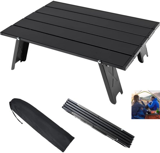 Kleine opvouwbare campingtafel - lichtgewicht aluminium tafel - met draagtas - voor picknick, outdoor, wandelen, strand, reizen - zwart - 39.5×28×12.8cm van Merkloos