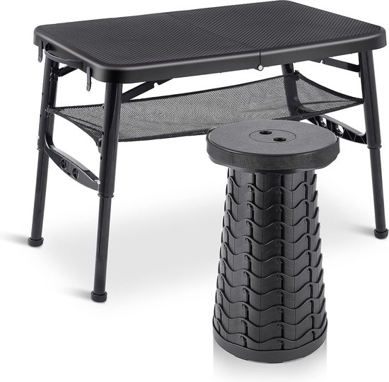 Kleine opvouwbare campingtafel met stoelen in hoogte verstelbaar Kleine lichtgewicht opvouwbare tafel Telescopische kruk en netten voor picknicks, koken, kamperen, reizen van Klein