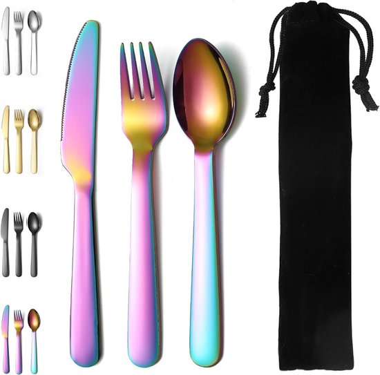 Kleurige Camping Bestekset met Mes, Vork en Lepel van Roestvrijstaal, Inclusief Zwarte Opbergtas, Perfect voor Buiten, Kamperen en Reizen, Vaatwasmachinebestendig