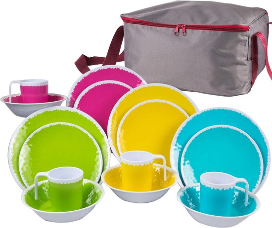 Kleurrijke Melamine Servies Set 17 Delen voor 4 Personen - Camping en Picknick
