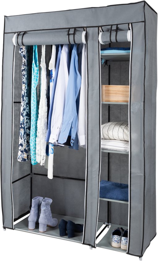 KM3G XL opvouwbare kledingkast – Metalen frame met 140KG draagkracht – Stoffen garderobekast – 5 opslag planken en 1 ophangstang – Ruimtebesparende kleerkast – Grijs – 110x45x175CM