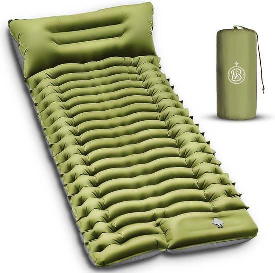 Kochar Slaapmat zelfopblazend - Slaapmat met ingebouwde voetpomp & hoofdkussen - Extra groot formaat - Camping matras - Slaapmatje - Groen van Kochar