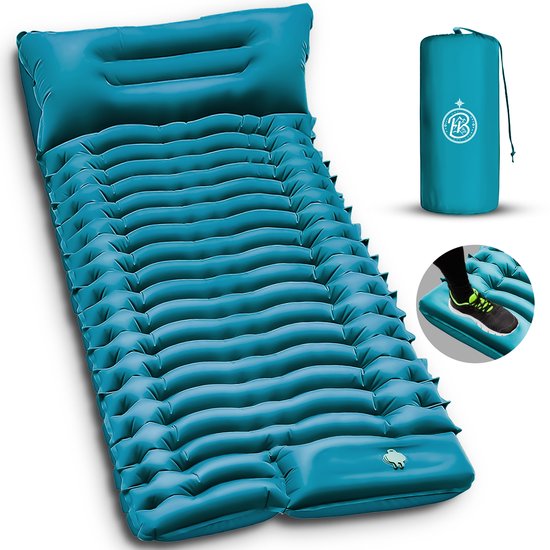 Kochar Slaapmat zelfopblazend - Slaapmat met ingebouwde voetpomp & hoofdkussen - Extra groot formaat - Camping matras - Slaapmatje - Turquoise van Kochar