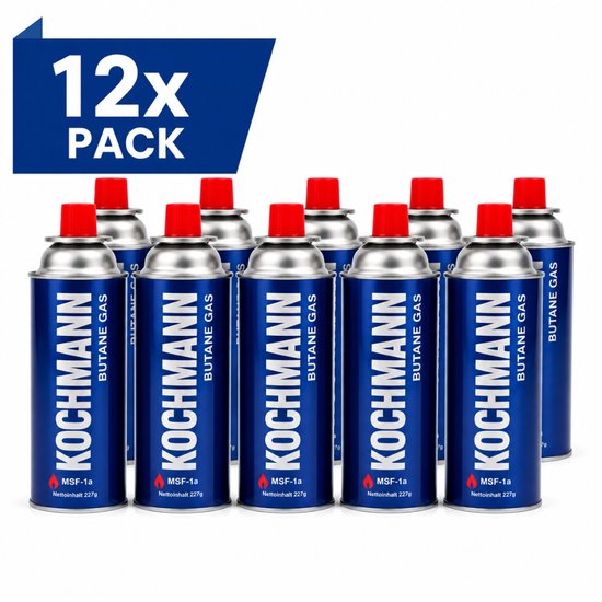 Kochmann - Butaangas 12x 227g - Gaspatronen Voordeelverpakking – Universeel Butaan Gas Navulling Gasbus Cartridge – Hoogwaardig Butaangas voor Gasbranders, Kooktoestellen en Diverse Gasapparaten – 12 Stuks Butaan Gaspatroon Set