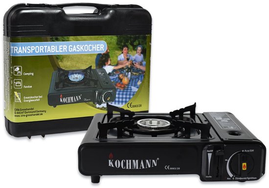 Kochmann- Camping Gasstel Draagbaar 3,0 kW - Gasbrander met Automatische Ontsteking en Draagkoffer - Butaan Gaskoker voor Camping, Caravan, Camper, Outdoor Koken, Visvakantie, Festival, Noodsituaties en Kamperen