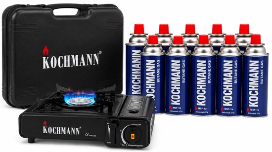Kochmann Draagbare Gaspit Set incl 8x Butaangas Bus 227g – Camping Kooktoestel met Draagkoffer – Gasbrander Campingkooktoestel 2800W – Outdoor Koken - Kamperen - Caravan - Camper - Tent - Visvakantie - Festival - Survival - Noodpakket & Stroomuitval