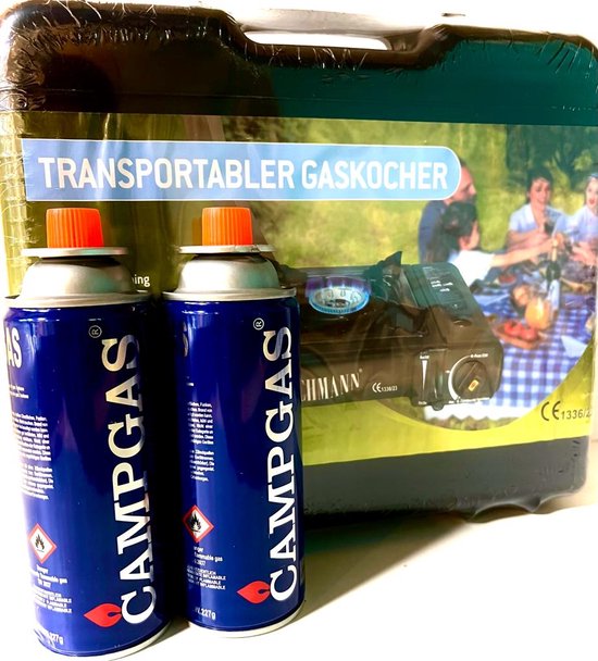 Kochmann Trasnportabler Gaskocher Camping - Draagbaar Gasvuur Met 2 kookstel gasflessen van Kochmann