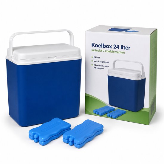 Koelbox 24 Liter – Inclusief 2 Koelelementen – Blauw/Wit – Met Draaghendel – 40,5 x 24,1 x 38,2 cm – Voor Camping, Strand, Picknick en Onderweg