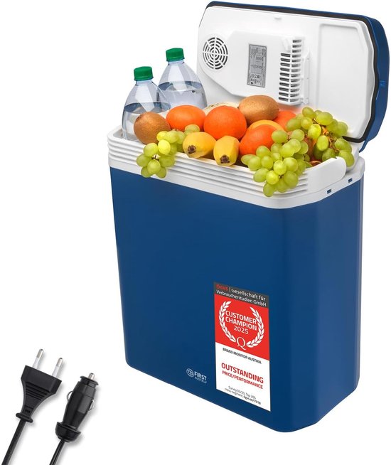 Koelbox 24L Elektrisch - 12V & 230V Aansluiting - Thermo-elektrische Koelbox - Koelt en Warmt - Minikoelkast met Hendel - Voor Auto, Kamperen, Festivals en Reizen - Blauw - Energieklasse E
