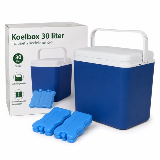 Koelbox 30 Liter – Inclusief 2 Koelelementen – Blauw/Wit – Met Draaghendel – 40,5 x 29,6 x 38,2 cm – Voor Camping, Strand, Picknick en Onderweg