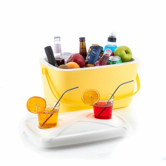 Koelbox - Frigobox - Retro - Picknick - 15 Liter - met Hendel en Deksel die als Dienblad gebruikt kan worden voor hapjes en 2 Bekerhouders van Merkloos