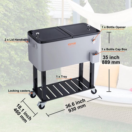 Koelbox - IJskist - Rollende IJskist - Koeler - Draagbaar met Handvat - Bieropener & Opvangbak Gemonteerd op IJskist - Met Wielen - 80Liter - 18Kg - 93cm x 46cm x - 89cm - Grijs van KOEL