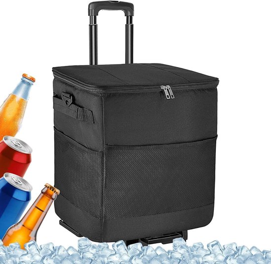 Koelbox met Wielen - Roller Cooler Trolley - Boodschappen en Kamperen - Verstelbare Draagfunctie - 35 Liter - Zwart