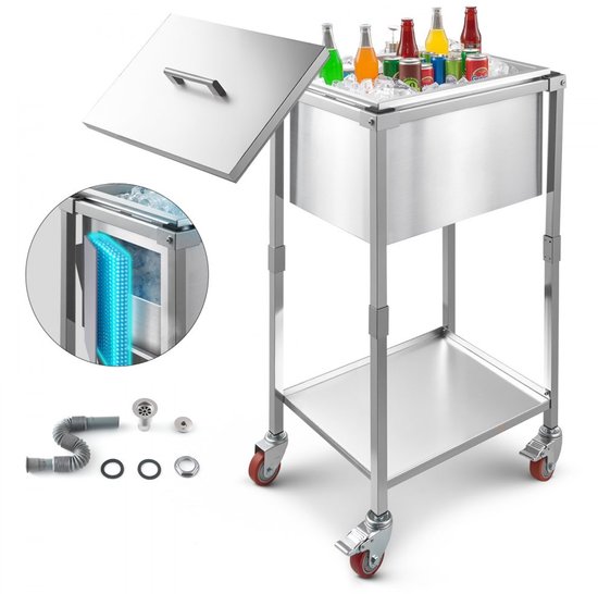 Koelbox Op Wielen - Buiten Drankkoeler Trolley - 31 Liter - RVS - Met Onderplank - Afmetingen 55,3 x 40,5 x 97 cm - Voor Tuin En Terras