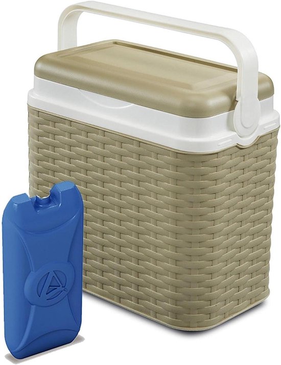 Koelbox Rattan Design - Isolatiebox Lunchbox - Picknick en Camping - Inclusief IJsblok - 10 Liter - Beige