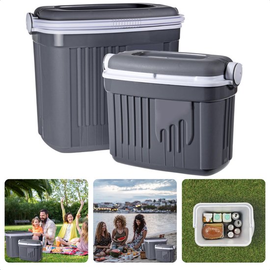 Koelbox Set - 2 stuks - 8L & 32L - Kunststof - 9 & 12 uur Koel - Coolbox - Koel Box - Vergrendelbaar - Grijs van Merkloos