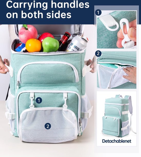 Koelrugzak 35 liter, thermische rugzak, koeltas, waterdichte picknickrugzak met flesopener, voor picknick, camping, strand, wandelen, reizen, winkelen (mintgroen) van KOEL