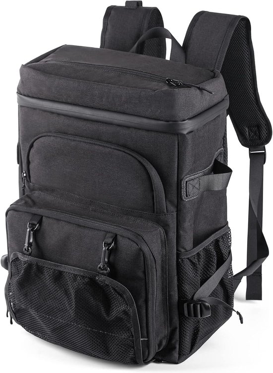 Koelrugzak, 35 liter, thermische rugzak, koeltas, waterdichte picknickrugzak met flesopener, voor picknick, camping, strand, wandelen, reizen, winkelen, zwart