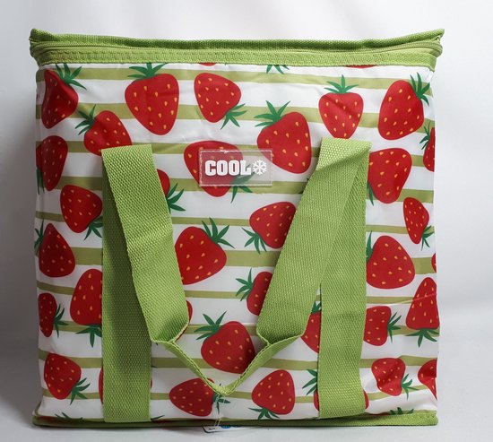 Koeltas - 16 Liter - 34 x 36 x 16 cm - Polyester Buitenkant - Lime groen met Aarbeienprint - Vakantie - Strand - Onderweg - Met 4 Gratis Koelelementen van Merkloos