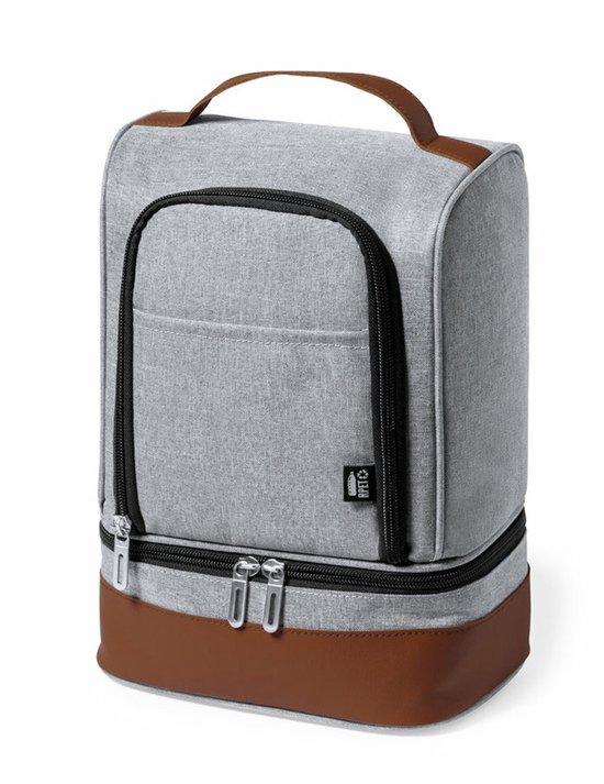 Koeltas 2 vakken - voor lunchpakket of drankjes - 7 liter - 20 x 27 x 13 cm - Draagband - Grijs - gerecycled materiaal van Merkloos