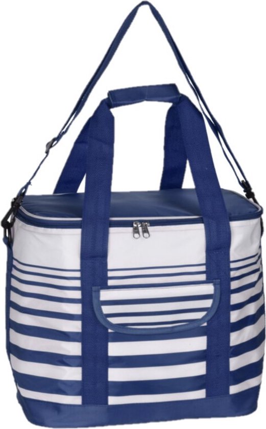 Koeltas draagtas schoudertas blauw/wit gestreept 28 x 18 x 29 cm 12 liter - Koeltassen van KOEL