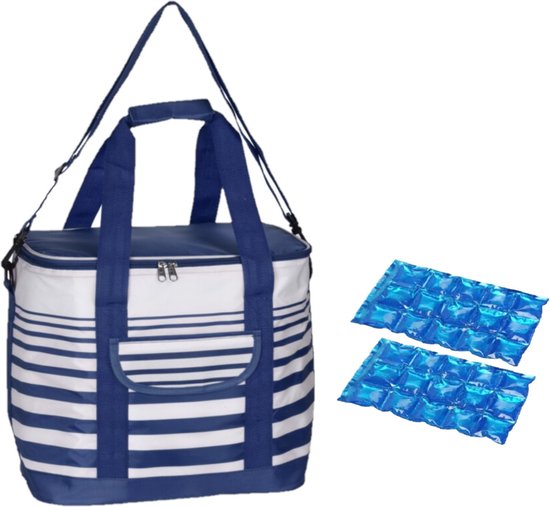 Koeltas draagtas schoudertas blauw/wit gestreept met 2 stuks flexibele koelelementen 12 liter van KOEL