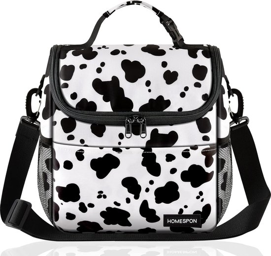 Koeltas Kleine opvouwbare geïsoleerde lunchtas Picknicktas Thermische tas voor dames Volwassenen Lunchbox-container met schouderriem Voorvak voor werkpicknick (koeprint) van KOEL