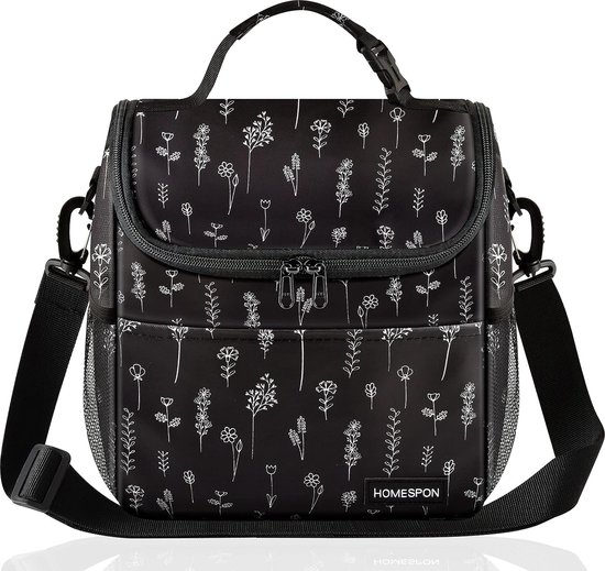 Koeltas Kleine opvouwbare geïsoleerde lunchtas Picknicktas Thermische tas voor dames Volwassenen Lunchbox-container met schouderriem Voorvak voor werkpicknick (witte bloem) van KOEL