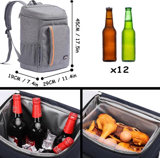 Koeltas koeltas picknickrugzak geïsoleerde grote waterdichte koelrugzak 25 l lekvrije picknicktas voor kamperen, picknick, barbecue, reizen en buitenactiviteiten (grijs) van KOEL