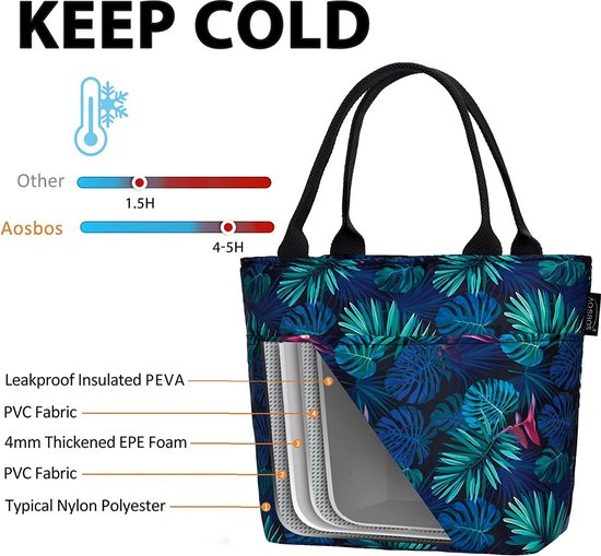 koeltas, lichte lunchtas, mini-lunchtas voor dames, isolatietas voor werk, school, opvouwbaar, ontbijttas, waterdicht, meal prep tas, ritssluiting, luch bag voor vrouwen, bladeren, groen van KOEL