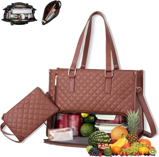 koeltas - Lunchtas - Lunchtassen voor vrouwen - Handtas - 15,6 inch 2 in 1 draagtas - Insulated Lunch Bag Combo - Large Tote with Lunch Compartment - Dark Brown PU Exterior + Polyester Lining van Merkloos