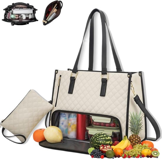 koeltas - Lunchtas - Lunchtassen voor vrouwen - Handtas - 15,6 inch 2 in 1 draagtas - Insulated Lunch Bag Combo - Large Tote with Lunch Compartment - Witte PU buitenlaag + polyester voering van Esyhomi