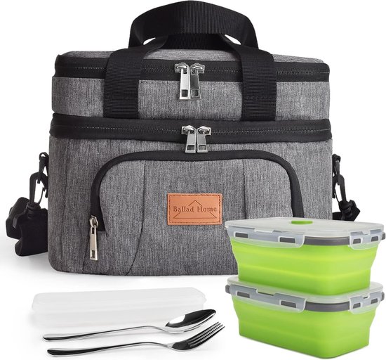 Koeltas, lunchtas, picknicktas, isolatietas, draagbaar, herbruikbaar, met 2 opvouwbare broodtrommel en bestekset, thermotas, grijs, 2 broodtrommels van KOEL