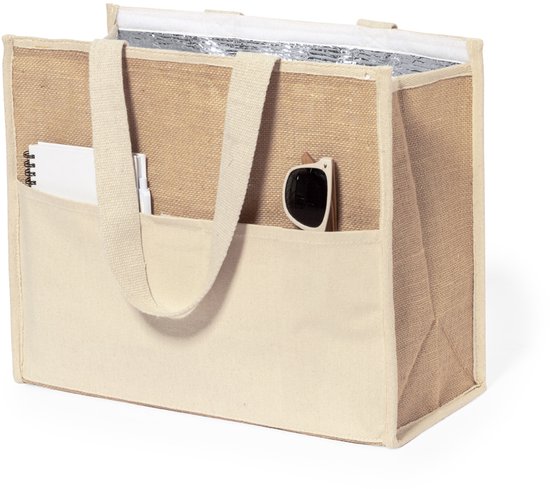 Koeltas met klittenbandsluiting - Koeltassen - Lunchtas - Koeltasje - 43 x 34 cm - Met voorvak en draaghengsels - Beige