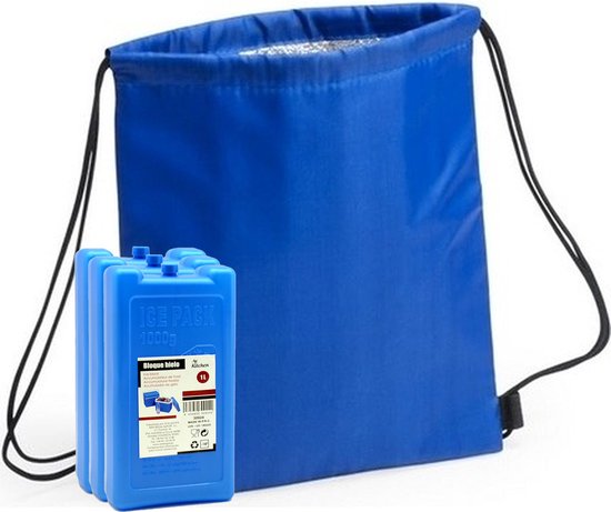 Koeltas rugtas blauw met rijgkoord cm met 2x koelelementen - 32 x 42 cm van KOEL
